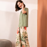 Cotton Silk Casual Pajamas Set Home Wear -Green Top + Contrasting Red Flower Print Trousers