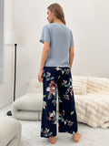Cotton Silk Casual Pajamas Set Home Wear - Blue Top + Trumpet Print Trousers