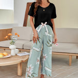 Cotton Silk Casual Pajamas Set Home Wear - Gray Top + Green Lily Printed Trousers