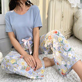 Cotton Silk Casual Pajamas Set Home Wear - Blue Top + Sunflower Print Trousers