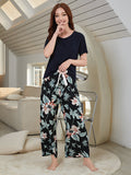 Cotton Silk Casual Pajamas Set Home Wear - Blue Top + Orange Lily Printed Trousers