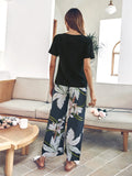 Cotton Silk Casual Pajamas Set Home Wear - Black Top + Lily Printed Trousers