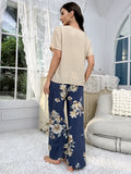Cotton Silk Casual Pajamas Set Home Wear - Yellow Top + Peony Print Trousers