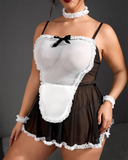 Plus Size Colorblock Frill Hem Bowknot Decor Maid Costume Dress With Choker