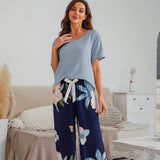 Cotton Silk Casual Pajamas Set Home Wear - Blue Top + Blue Hydrangea Printed Trousers