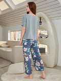 Cotton Silk Casual Pajamas Set Home Wear - Gray Top + Tulip Print Trousers