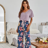 Cotton Silk Casual Pajamas Set Home Wear - Purple Top + Red Leaf Printed Trousers