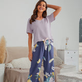 Cotton Silk Casual Pajamas Set Home Wear - Gray Top + Banana Print Trousers