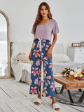 Cotton Silk Casual Pajamas Set Home Wear - Purple Top + Red Leaf Printed Trousers