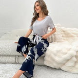 Cotton Silk Casual Pajamas Set Home Wear - Gray Top + Banana Print Trousers