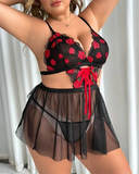 Plus Size Floral Embroidery Sheer Mesh Tied Detail Lingerie Set