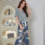 Cotton Silk Casual Pajamas Set Home Wear - Gray Top + Tulip Print Trousers