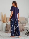 Cotton Silk Casual Pajamas Set Home Wear - Dark Blue Top + Tibetan Flower Print Trousers