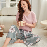 Cotton Silk Casual Pajamas Set Home Wear - Pink Top + Rattan Printed Trousers
