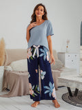 Cotton Silk Casual Pajamas Set Home Wear - Blue Top + Blue Hydrangea Printed Trousers