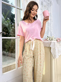 Cotton Silk Casual Pajamas Set Home Wear - Pink Top + Yellow Plaid Floral Print Trousers