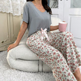 Cotton Silk Casual Pajamas Set Home Wear - Gray Top + Red Flower Printed Trousers