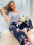Cotton Silk Casual Pajamas Set Home Wear - Blue Top + Trumpet Print Trousers