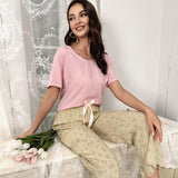 Cotton Silk Casual Pajamas Set Home Wear - Pink Top + Yellow Plaid Floral Print Trousers