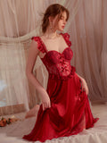 Red Lace With Bra Pad Sleeveless One-Piece Nightgown
