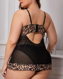 Plus Size Leopard Print Sheer Mesh Patchwork Babydoll With Panty