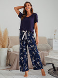 Cotton Silk Casual Pajamas Set Home Wear - Dark Blue Top + Tibetan Flower Print Trousers
