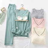 Green Simple Comfortable Cotton Top Pants Home Pajamas Set With Chest Pad
