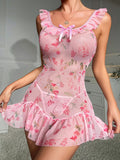 Sexy Floral Slimming Ruffle See Through Mesh Lingerie Babydoll Dress Suit