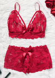Lace Splicing Bowknot Lingerie Set - Red