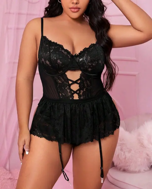 Plus Size Cutout Sheer Mesh Lace-up Lace Teddy