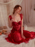 Red Lace With Bra Pad Sleeveless One-Piece Nightgown