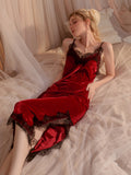 Long Red Two-Piece Slip Dress & Robe Set With Belt