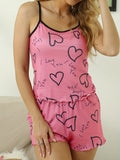 Crew Neck Slip Cute Heart Print Pajama Set