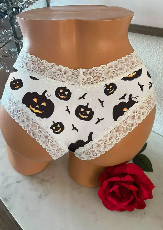 Halloween Pumpkin Face Lace Splicing Panties - White