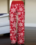 Christmas Drawstring Snowflake Print Wide Leg Pants