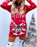 Christmas Letter Deer Print Pocket Design Hooded Casual Dress