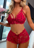 Lace Splicing Bowknot Lingerie Set - Red