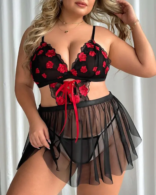 Plus Size Floral Embroidery Sheer Mesh Tied Detail Lingerie Set