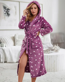 Fuzzy Heart Print Tied Detail Hooded Robe