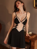 Black Sleeveless Short Ladies Sexy Lace & Bow Decoration One-Piece Nightgown