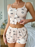 Heart & Eyelash Print V Neck Cami Pajama Set