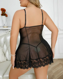 Plus Size Lace Patch Sheer Mesh Babydoll With Panty