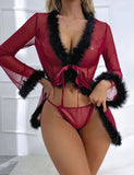 Sexy women's pajamas with fur collar and lace-up