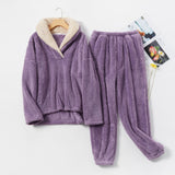 Winter Coral Fleece Pajama Pants Flannel Lapel Set Thickened Couple Homewear