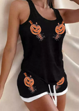 Halloween Pumpkin Face Racerback Tank And Shorts Pajamas Set - Black