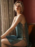 Short Blue Sexy Split Lace Dress One-Piece Nightgown With T-Back