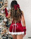 Christmas Fuzzy Trim Crisscross Backless Contrast Lace Babydoll