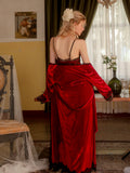 Long Red Two-Piece Slip Dress & Robe Set With Belt