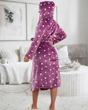 Fuzzy Heart Print Tied Detail Hooded Robe