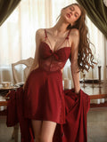 Red Long Sleeves Short Hottest Women Two-Piece Slip Dress & Robe Set With Belt